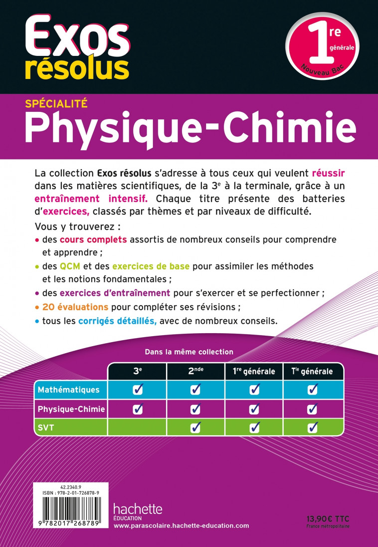 Exos résolus spécialité Physique-Chimie 1re - De La Baume Frédérique, Blat Stéphane, Marteletti Raphäel - HACHETTE EDUC