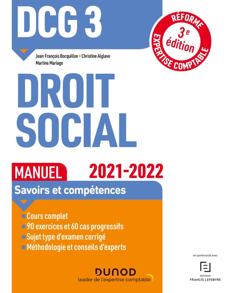 DCG 3 Droit social - Manuel - 2021/2022 - Jean-François Bocquillon, Christine Alglave, Martine Mariage - DUNOD