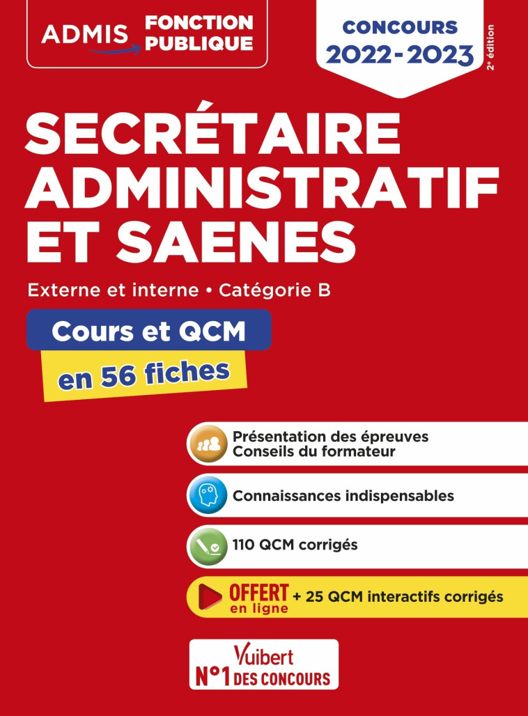 Concours Secrétaire administratif et SAENES - Catégorie B - Cours et QCM en 56 fiches - René Guimet - VUIBERT