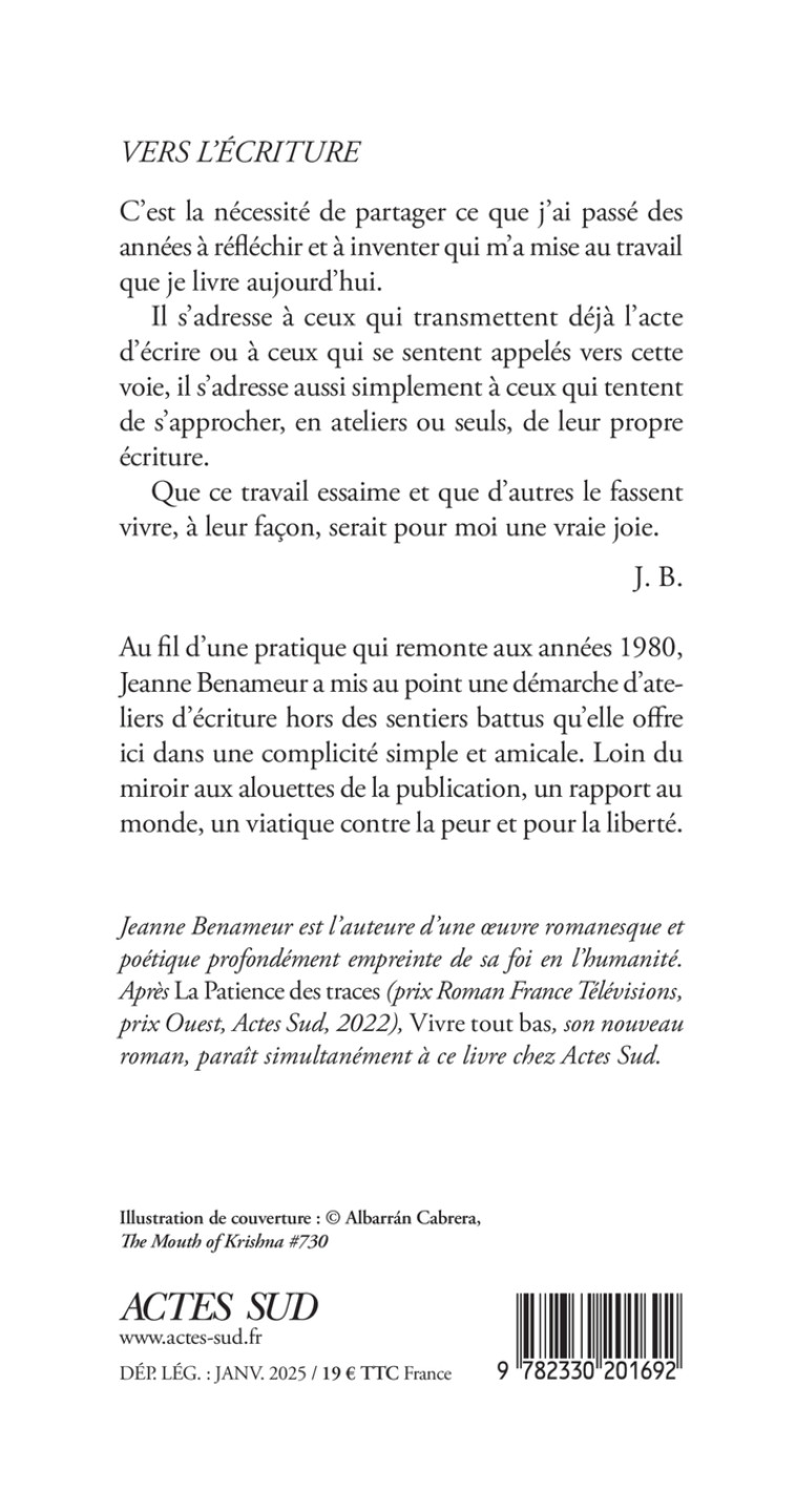 Vers l'écriture - Jeanne Benameur - ACTES SUD